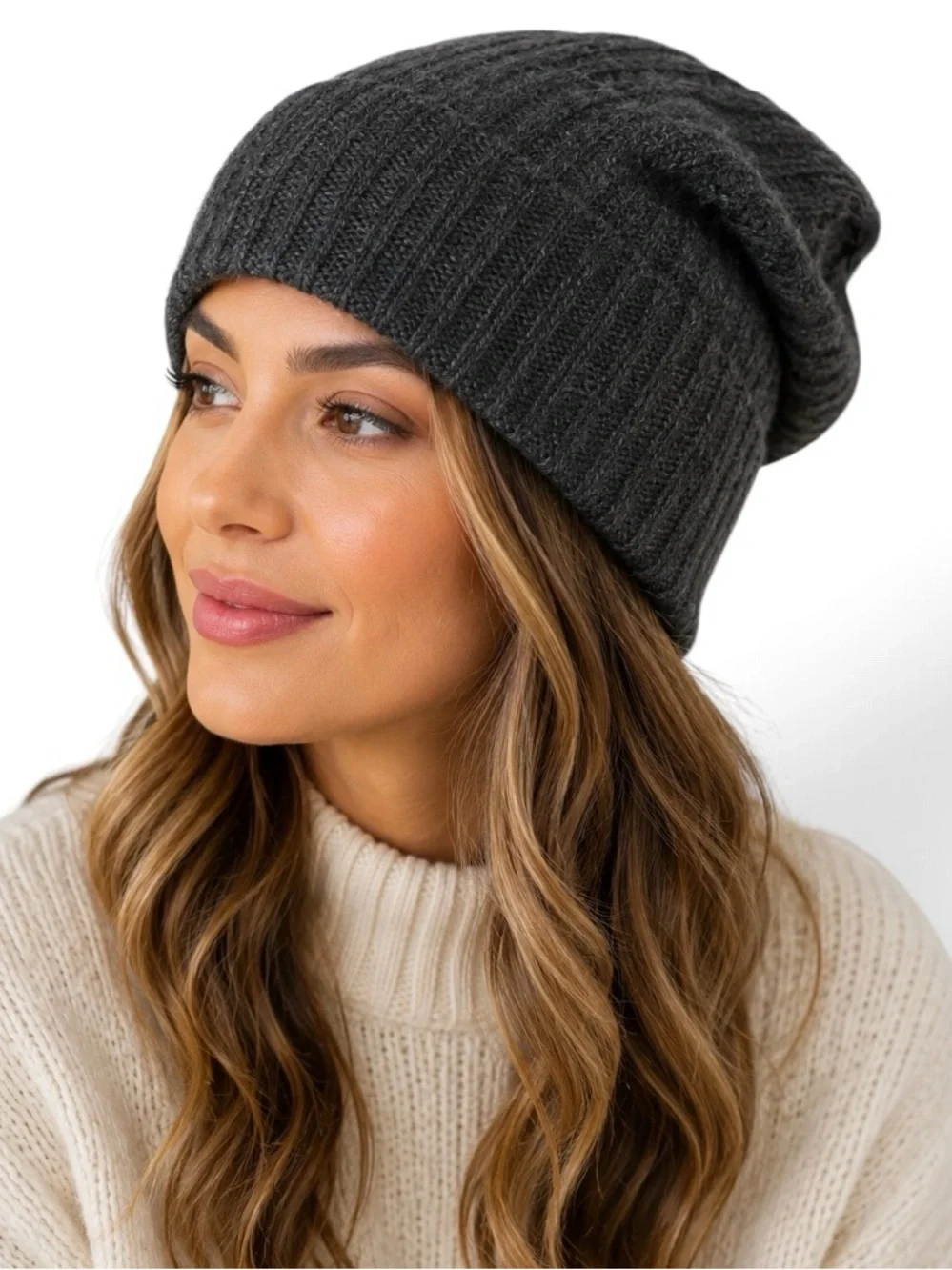 Nordstrom Rack 100% Cashmere Ribbed Slouchy Beanie Hat Charcoal Heather NWOT